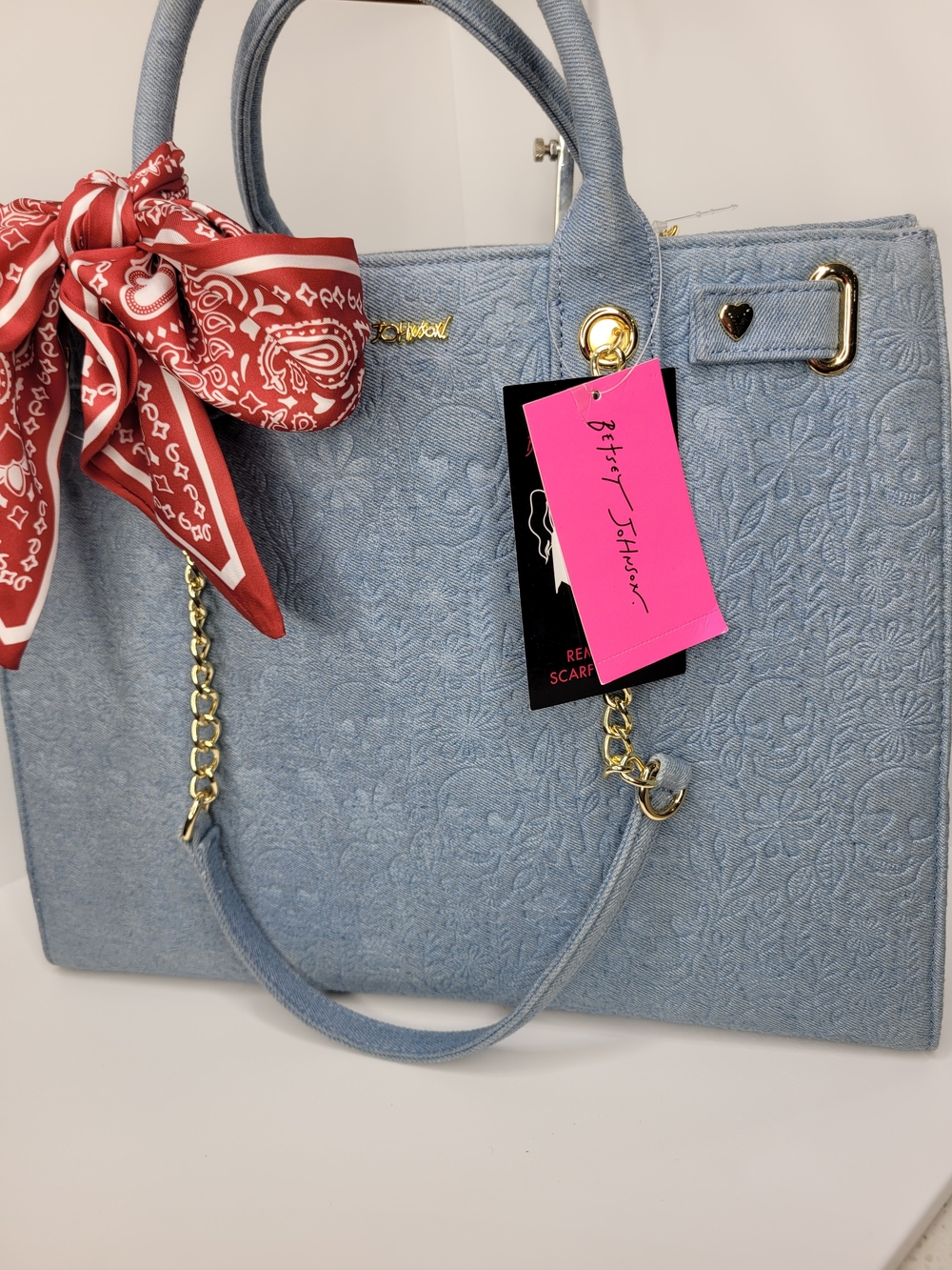 👉✨️ Betsey Johnson Denim XOKIARA Blue  Skull Embossed Floral Tote and Red Scarf